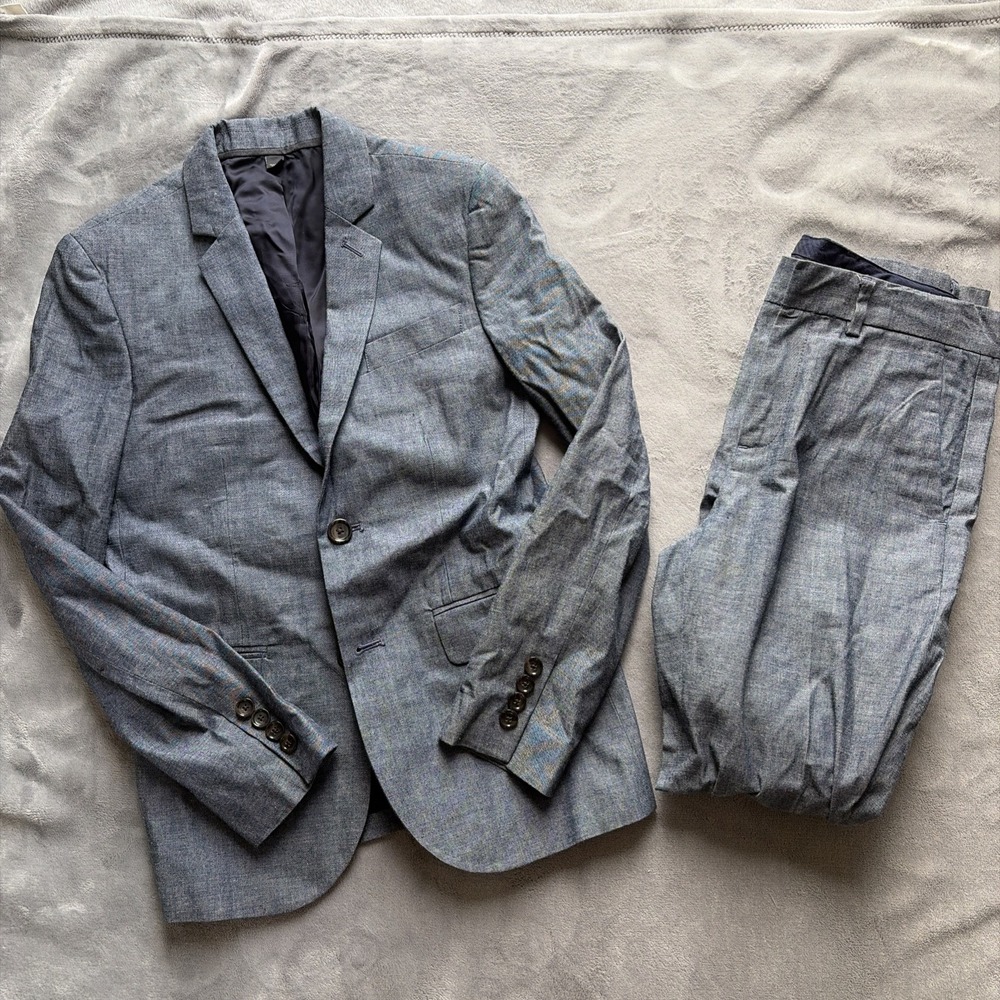 Crewcuts Ludlow Suit Boys Size 12 Blue Chambray Cotton Blazer and Slim Fit Pants